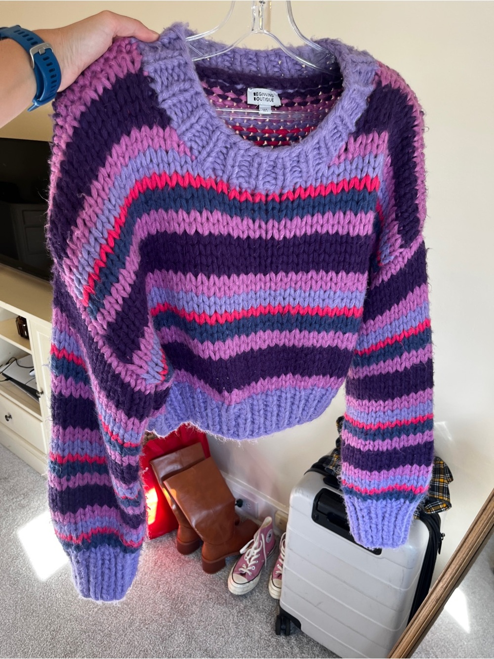 Beginning Boutique Purple & Pink Striped Chunky Sweater - Picture 2 of 4